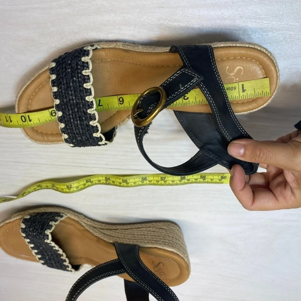 Sofft Inez Womens 10M Espadrille Wedge Sandals Woven Leather Black Jute Boho